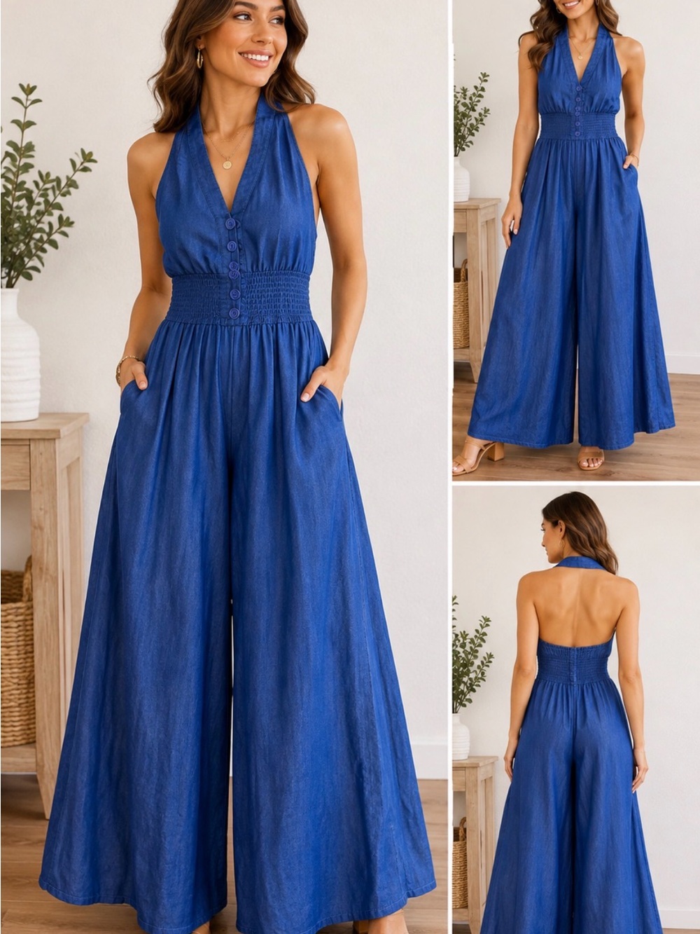 Steps In Style Blue Halter Wide Leg Jumpsuit Size M Smocked Waist